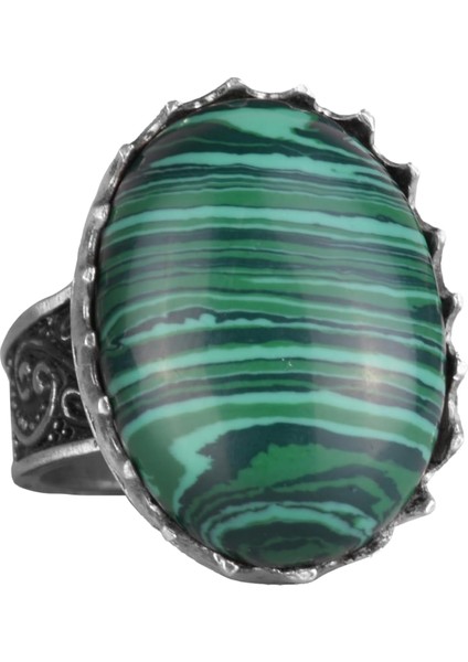 Doğal Taş Yüzük - 925 Ayar Gümüş Büyük Yüzük - El Yapımı Yüzük (Malakit)