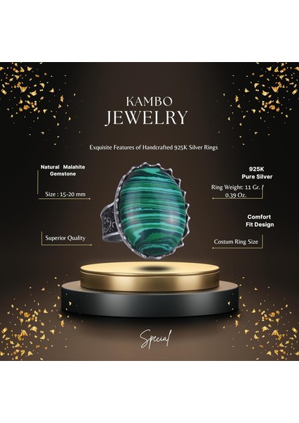 Doğal Taş Yüzük - 925 Ayar Gümüş Büyük Yüzük - El Yapımı Yüzük (Malakit) fiyatları