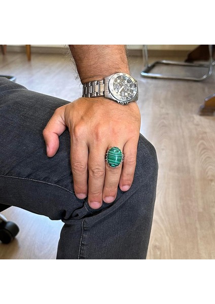 Doğal Taş Yüzük - 925 Ayar Gümüş Büyük Yüzük - El Yapımı Yüzük (Malakit) modelleri