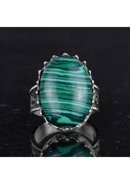Doğal Taş Yüzük - 925 Ayar Gümüş Büyük Yüzük - El Yapımı Yüzük (Malakit) fırsatları