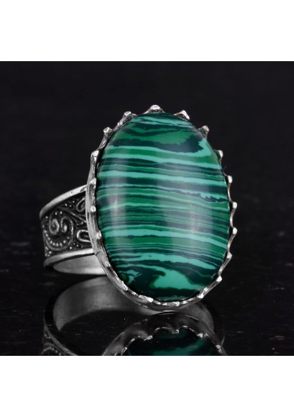 Doğal Taş Yüzük - 925 Ayar Gümüş Büyük Yüzük - El Yapımı Yüzük (Malakit) indirimleri