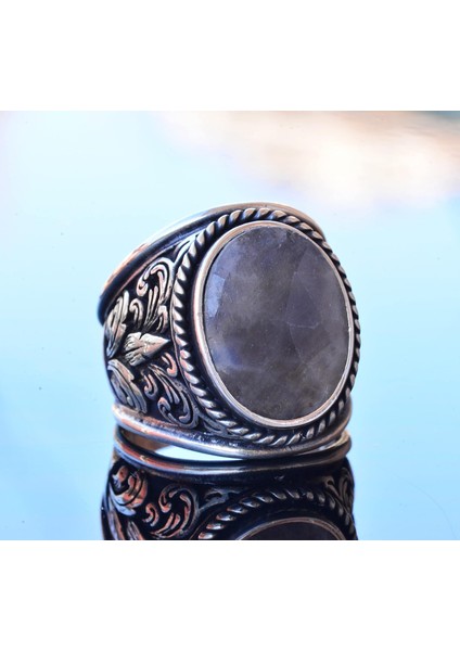 El Yapımı Doğal Safir Taşlı Yüzük, Fleur-De-Lis Tasarımlı Sterlin Gümüş Erkek Yüzüğü - Bilgelik ve Asalet Sembolü indirimleri
