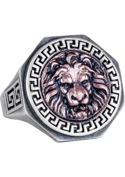 925 Ayar Gümüş Yüzük - Yunan Anahtarı Tasarımı Erkek Yüzüğü - El Yapımı Yüzük (Aslan)