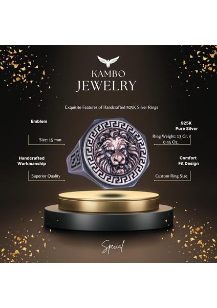 925 Ayar Gümüş Yüzük - Yunan Anahtarı Tasarımı Erkek Yüzüğü - El Yapımı Yüzük (Aslan) fiyatları