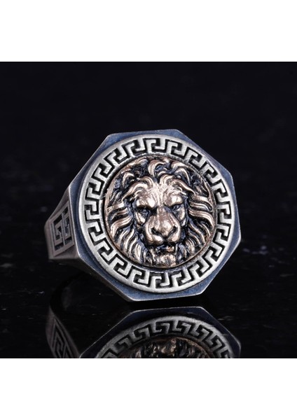 925 Ayar Gümüş Yüzük - Yunan Anahtarı Tasarımı Erkek Yüzüğü - El Yapımı Yüzük (Aslan) indirimleri