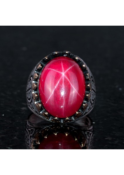 925 Ayar Katı Gümüş Erkek Yüzük Doğal Yıldız Yakut Taşı ile | El Yapımı Zarafet fırsatları