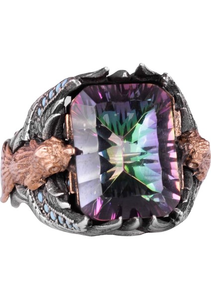 Erkekler Için El Yapımı 925 Ayar Gümüş Eagle Yüzük, Oluşturulmuş Mystic Topaz ile - Güç ve Özgürlüğün Sembolü
