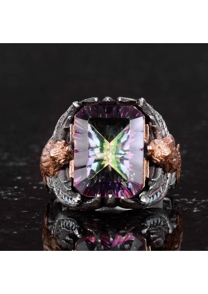 Erkekler Için El Yapımı 925 Ayar Gümüş Eagle Yüzük, Oluşturulmuş Mystic Topaz ile - Güç ve Özgürlüğün Sembolü