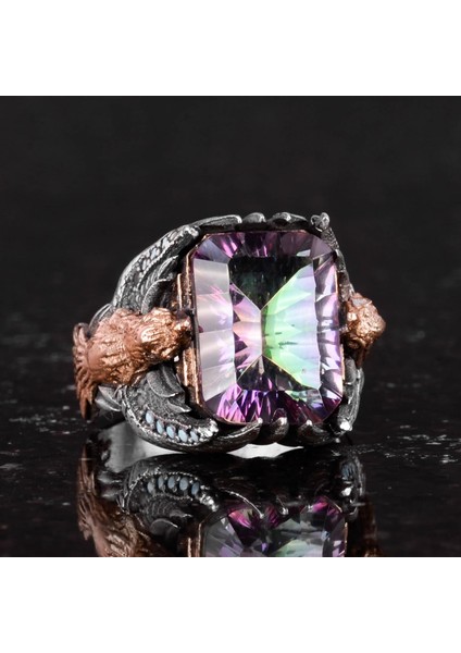 Erkekler Için El Yapımı 925 Ayar Gümüş Eagle Yüzük, Oluşturulmuş Mystic Topaz ile - Güç ve Özgürlüğün Sembolü