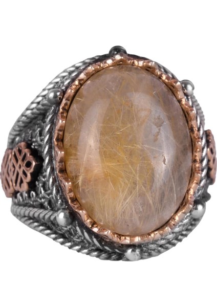 Doğal Cabochon Altın Rutilli Kuvars Taşı Yüzük, Mistisizm 925 Ayar Sert Gümüş Erkek Yüzüğü