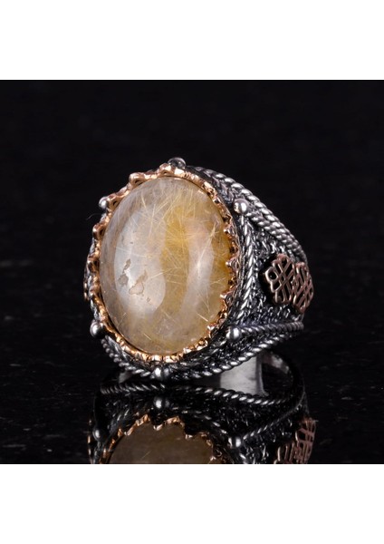 Doğal Cabochon Altın Rutilli Kuvars Taşı Yüzük, Mistisizm 925 Ayar Sert Gümüş Erkek Yüzüğü fiyatları