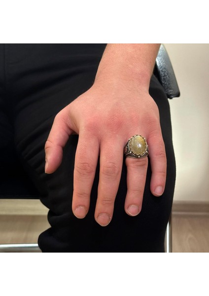 Doğal Cabochon Altın Rutilli Kuvars Taşı Yüzük, Mistisizm 925 Ayar Sert Gümüş Erkek Yüzüğü modelleri