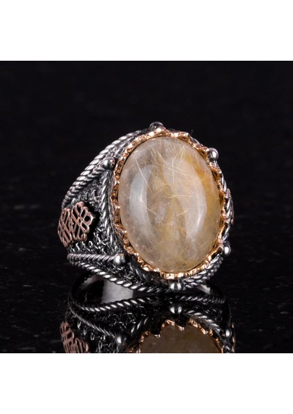 Doğal Cabochon Altın Rutilli Kuvars Taşı Yüzük, Mistisizm 925 Ayar Sert Gümüş Erkek Yüzüğü fırsatları