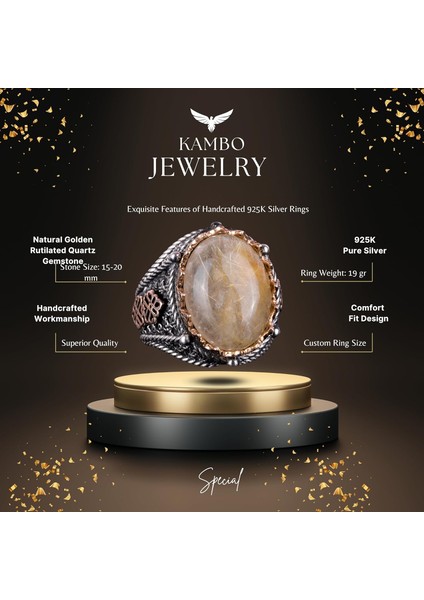 Doğal Cabochon Altın Rutilli Kuvars Taşı Yüzük, Mistisizm 925 Ayar Sert Gümüş Erkek Yüzüğü indirimleri