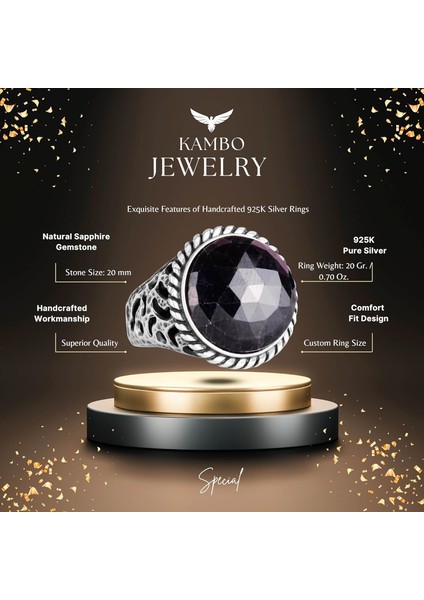 Doğal Taş Yüzük - 925K Katı Gümüş Erkek Yüzüğü Mavi Safir ile fiyatları