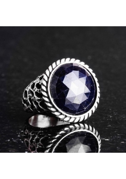 Doğal Taş Yüzük - 925K Katı Gümüş Erkek Yüzüğü Mavi Safir ile fırsatları