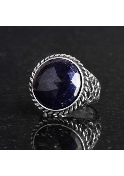 Doğal Taş Yüzük - 925K Katı Gümüş Erkek Yüzüğü Mavi Safir ile indirimleri