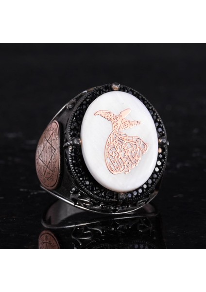 Desenli El Yapımı Yüzük - 925 Ayar Gümüş Erkek Yüzüğü - Davud Yıldızı Takısı (Semazen) indirimleri