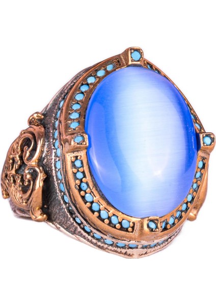 925 Ayar Gümüş Erkek Yüzük, Yapay Mavi Kedi Gözü Taşı, El Yapımı Vintage Tasarım Ifadeli Yüzük