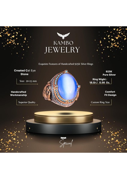 925 Ayar Gümüş Erkek Yüzük, Yapay Mavi Kedi Gözü Taşı, El Yapımı Vintage Tasarım Ifadeli Yüzük fiyatları