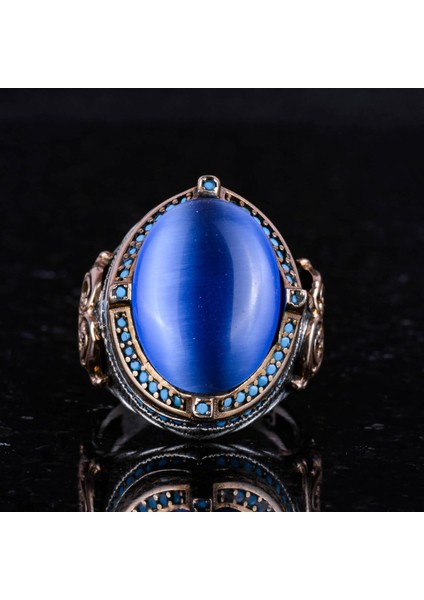 925 Ayar Gümüş Erkek Yüzük, Yapay Mavi Kedi Gözü Taşı, El Yapımı Vintage Tasarım Ifadeli Yüzük fırsatları