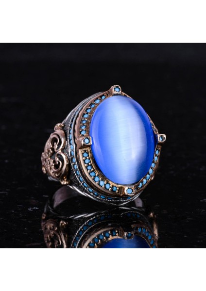 925 Ayar Gümüş Erkek Yüzük, Yapay Mavi Kedi Gözü Taşı, El Yapımı Vintage Tasarım Ifadeli Yüzük indirimleri