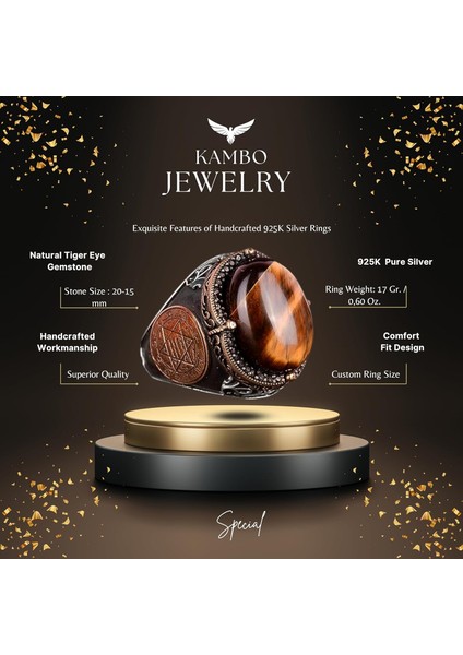 El Yapımı Doğal Kaplan Göz Taşı Yüzük - 925 Ayar Gümüş Erkek Takısı fiyatları