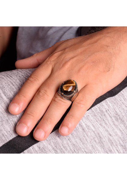 El Yapımı Doğal Kaplan Göz Taşı Yüzük - 925 Ayar Gümüş Erkek Takısı modelleri