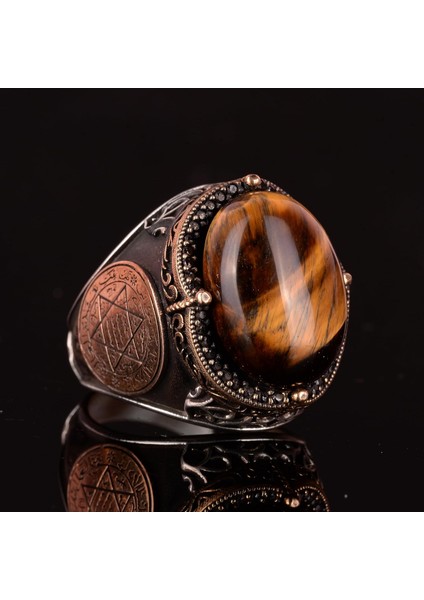 El Yapımı Doğal Kaplan Göz Taşı Yüzük - 925 Ayar Gümüş Erkek Takısı fırsatları
