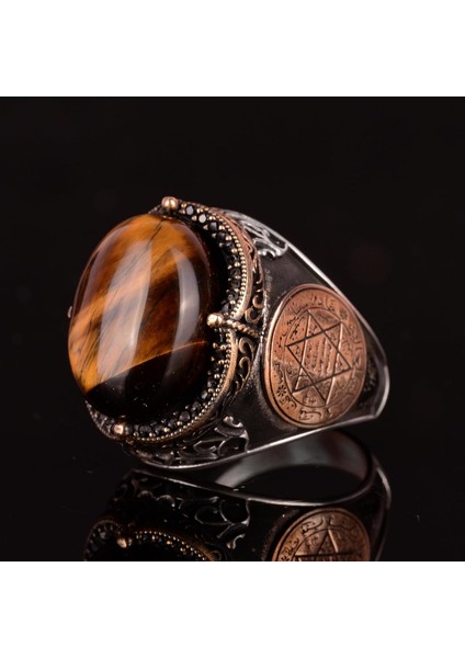 El Yapımı Doğal Kaplan Göz Taşı Yüzük - 925 Ayar Gümüş Erkek Takısı indirimleri
