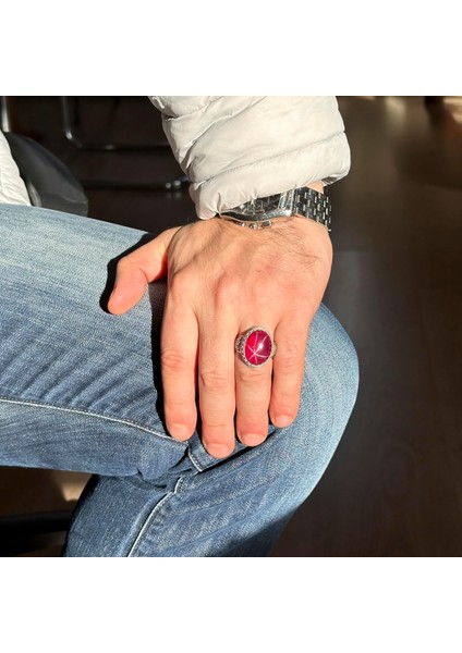 Doğal Yıldız Yakutu Taşlı Yüzük, El Yapımı Yüzük, 925 Ayar Gümüş Yüzük Erkekler Için fırsatları