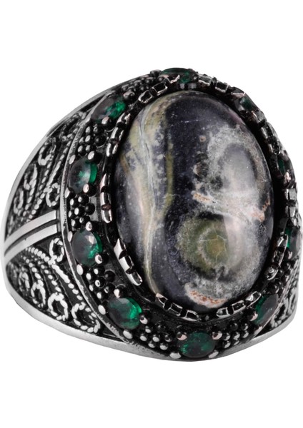 Doğal Yeşil Göz Taşı Yüzük - El Yapımı 925 Ayar Gümüş Erkek Takısı