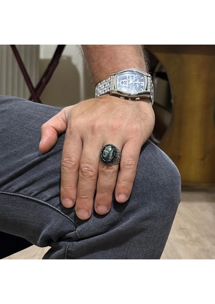 Doğal Yeşil Göz Taşı Yüzük - El Yapımı 925 Ayar Gümüş Erkek Takısı modelleri