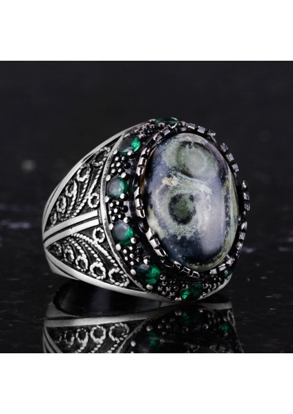 Doğal Yeşil Göz Taşı Yüzük - El Yapımı 925 Ayar Gümüş Erkek Takısı indirimleri