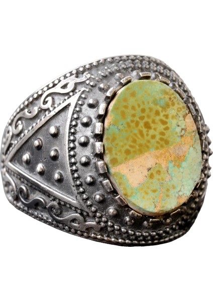 925 Ayar Gümüş Doğal Arizona Turkuaz Taşlı Erkek Yüzük - Doğum Taşı Yüzüğü - Vintage Tasarım