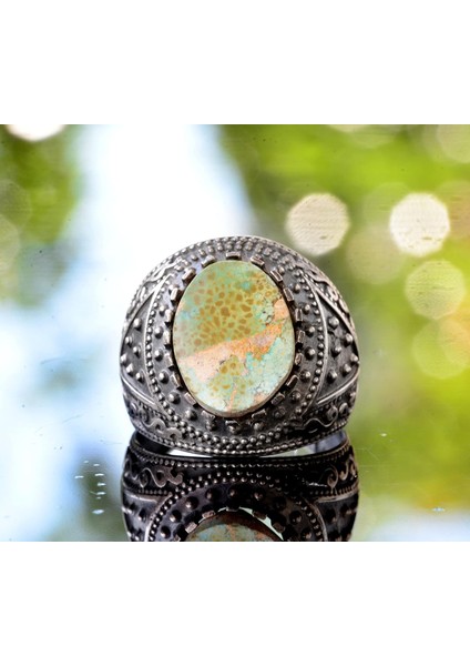 925 Ayar Gümüş Doğal Arizona Turkuaz Taşlı Erkek Yüzük - Doğum Taşı Yüzüğü - Vintage Tasarım fiyatları