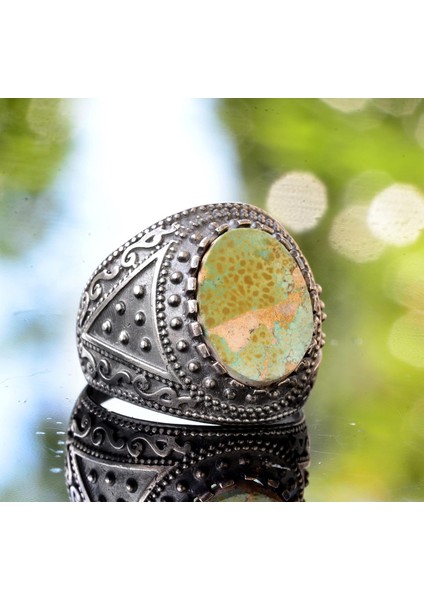 925 Ayar Gümüş Doğal Arizona Turkuaz Taşlı Erkek Yüzük - Doğum Taşı Yüzüğü - Vintage Tasarım modelleri
