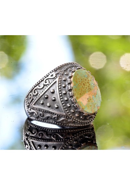 925 Ayar Gümüş Doğal Arizona Turkuaz Taşlı Erkek Yüzük - Doğum Taşı Yüzüğü - Vintage Tasarım fırsatları