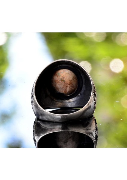 925 Ayar Gümüş Doğal Arizona Turkuaz Taşlı Erkek Yüzük - Doğum Taşı Yüzüğü - Vintage Tasarım indirimleri