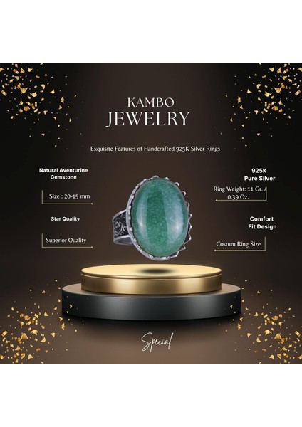 Doğal Taş Yüzük - 925 Ayar Gümüş Büyük Yüzük - El Yapımı Yüzük (Aventurin) fiyatları