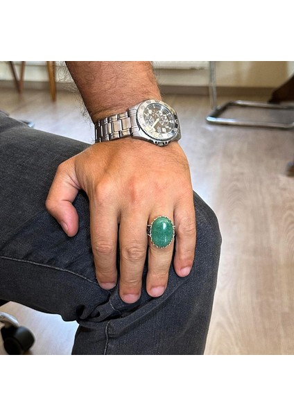 Doğal Taş Yüzük - 925 Ayar Gümüş Büyük Yüzük - El Yapımı Yüzük (Aventurin) modelleri