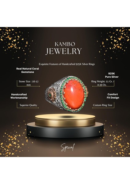 El Yapımı Doğal Kırmızı Mercan Yüzük | 925 Ayar Gümüş Erkek Yüzüğü | Tutku ve Enerji Tasarımı fiyatları