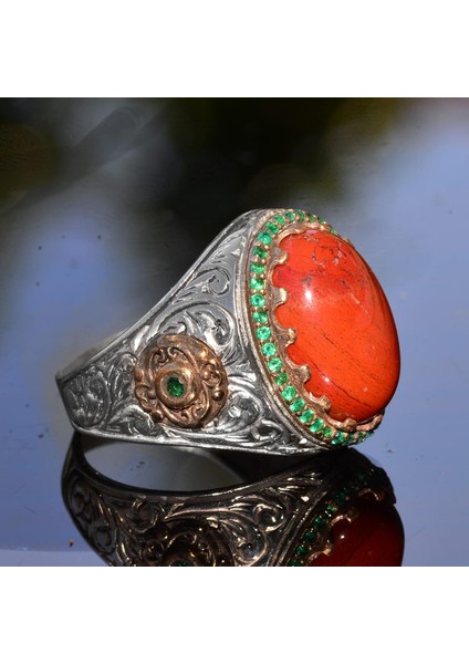 El Yapımı Doğal Kırmızı Mercan Yüzük | 925 Ayar Gümüş Erkek Yüzüğü | Tutku ve Enerji Tasarımı fırsatları