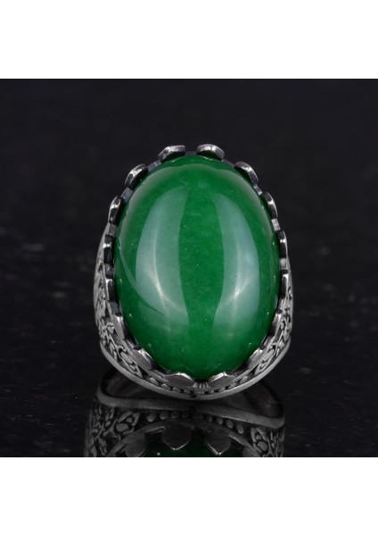 Doğal Taş Yüzük - Gül Desenli Yüzük - 925 Ayar Gümüş Yüzük - El Yapımı Büyük Yüzük (Jade) indirimleri