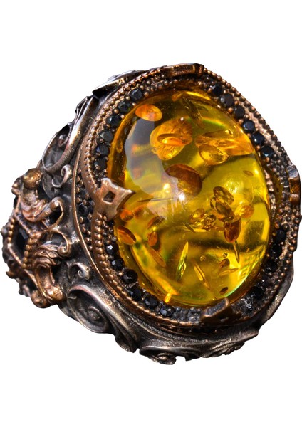 El Yapımı Doğal Olmayan Taş Yüzük - 925 Ayar Gümüş Erkek Takısı (Bal Amberi)