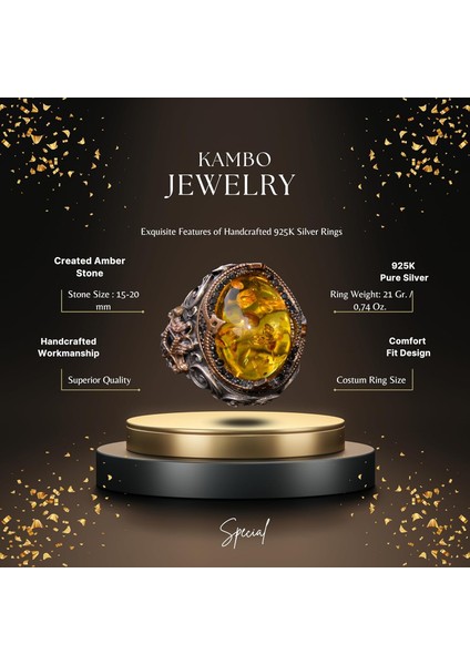 El Yapımı Doğal Olmayan Taş Yüzük - 925 Ayar Gümüş Erkek Takısı (Bal Amberi) fiyatları