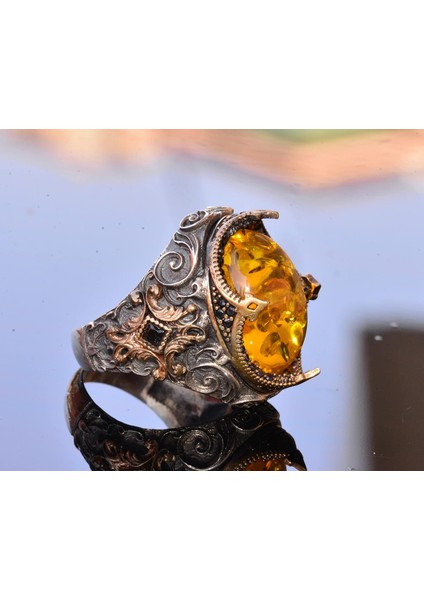 El Yapımı Doğal Olmayan Taş Yüzük - 925 Ayar Gümüş Erkek Takısı (Bal Amberi) modelleri