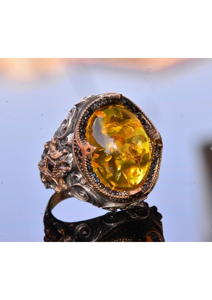 El Yapımı Doğal Olmayan Taş Yüzük - 925 Ayar Gümüş Erkek Takısı (Bal Amberi) fırsatları