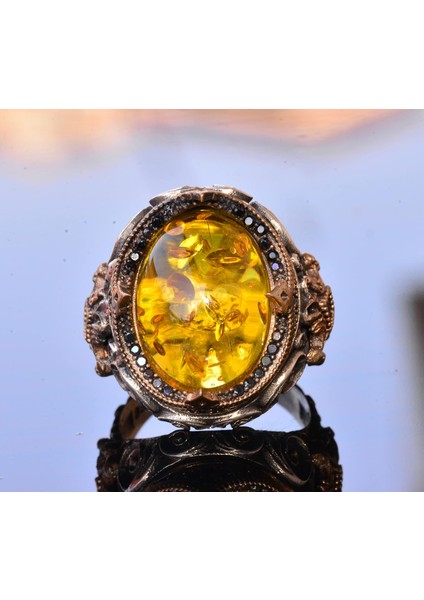 El Yapımı Doğal Olmayan Taş Yüzük - 925 Ayar Gümüş Erkek Takısı (Bal Amberi) indirimleri