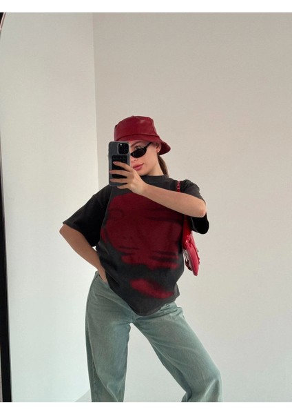 Bisiklet Yaka Yıkamalı Baskılı T-Shirt - Antrasit fiyatları